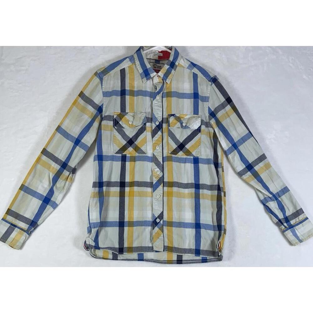 Tommy Hilfiger Denim Shirt Mens Small Yellow Plaid Slim Fit Long Sleeve 90s Y2k